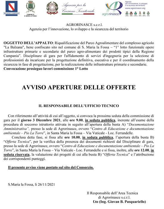 Avviso apertura offerte lotto 1