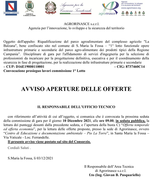 Avviso apertura offerte lotto 1 per il 10