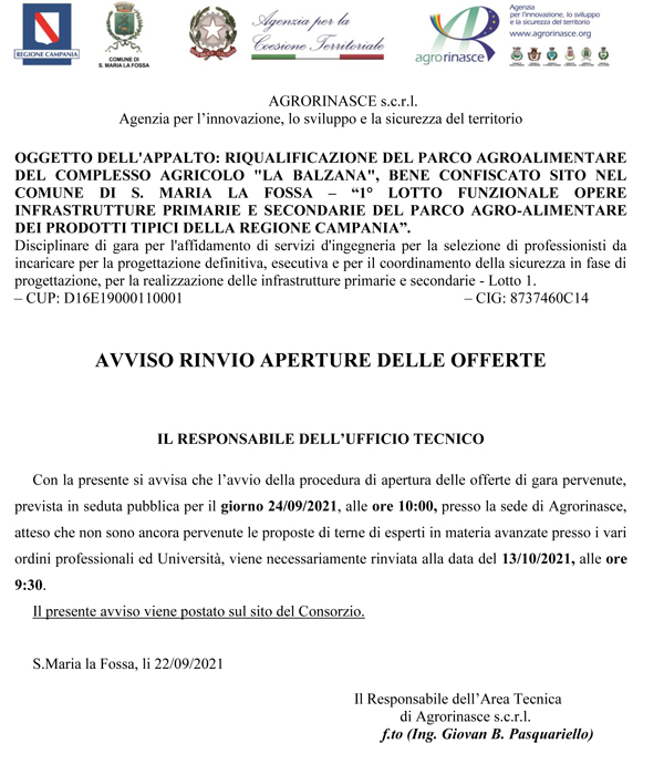 Avviso rinvio apertura offerte lotto 1