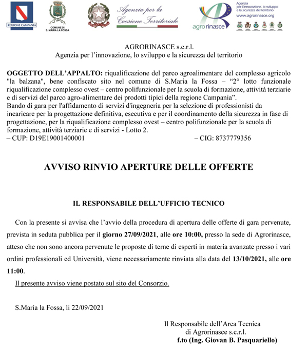 Avviso rinvio apertura offerte lotto 2