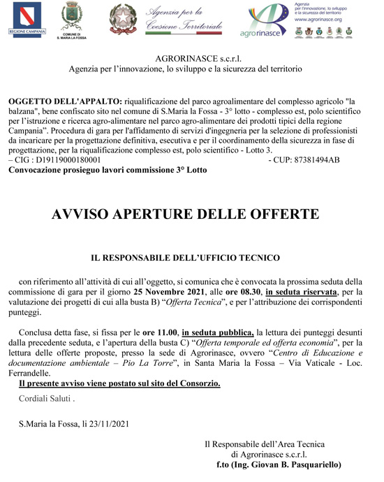 Avviso apertura offerte lotto 3