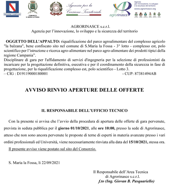 Avviso rinvio apertura offerte lotto 3