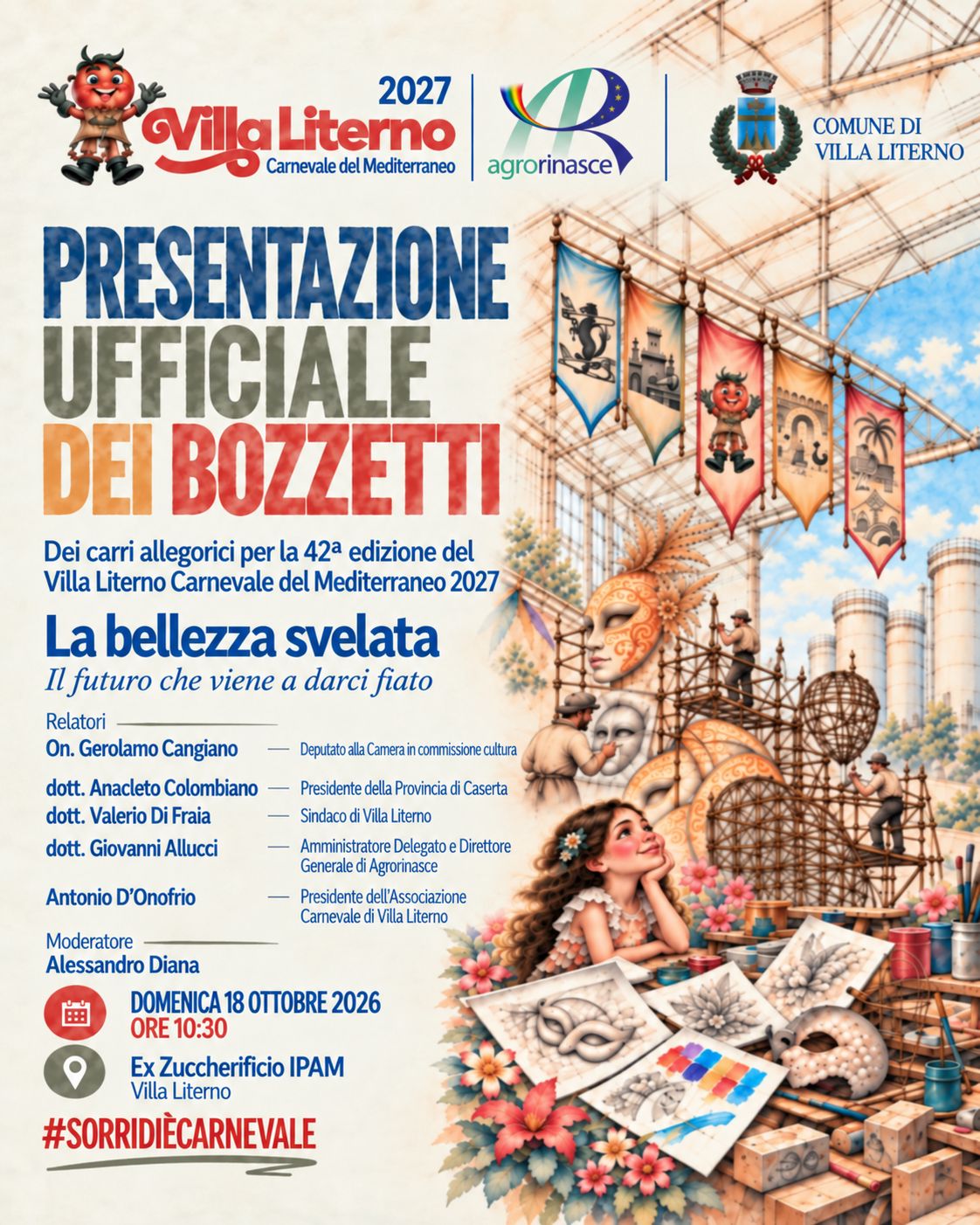 VILLA LITERNO, L’EX ZUCCHERIFICIO IPAM DIVENTA LA CASA DEL CARNEVALE:  DOMENICA I BOZZETTI DELLA 42ª EDIZIONE