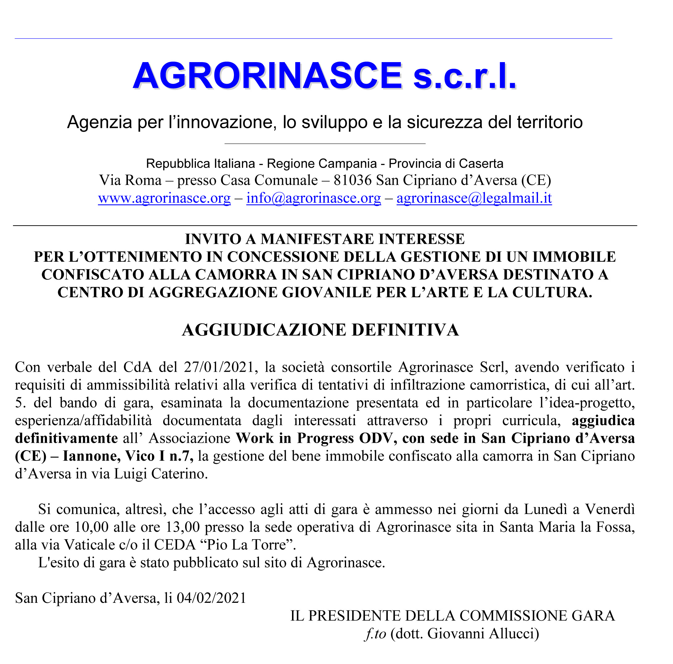 Aggiudicazione definitiva bene destinato a centro di aggregazione San Cipriano